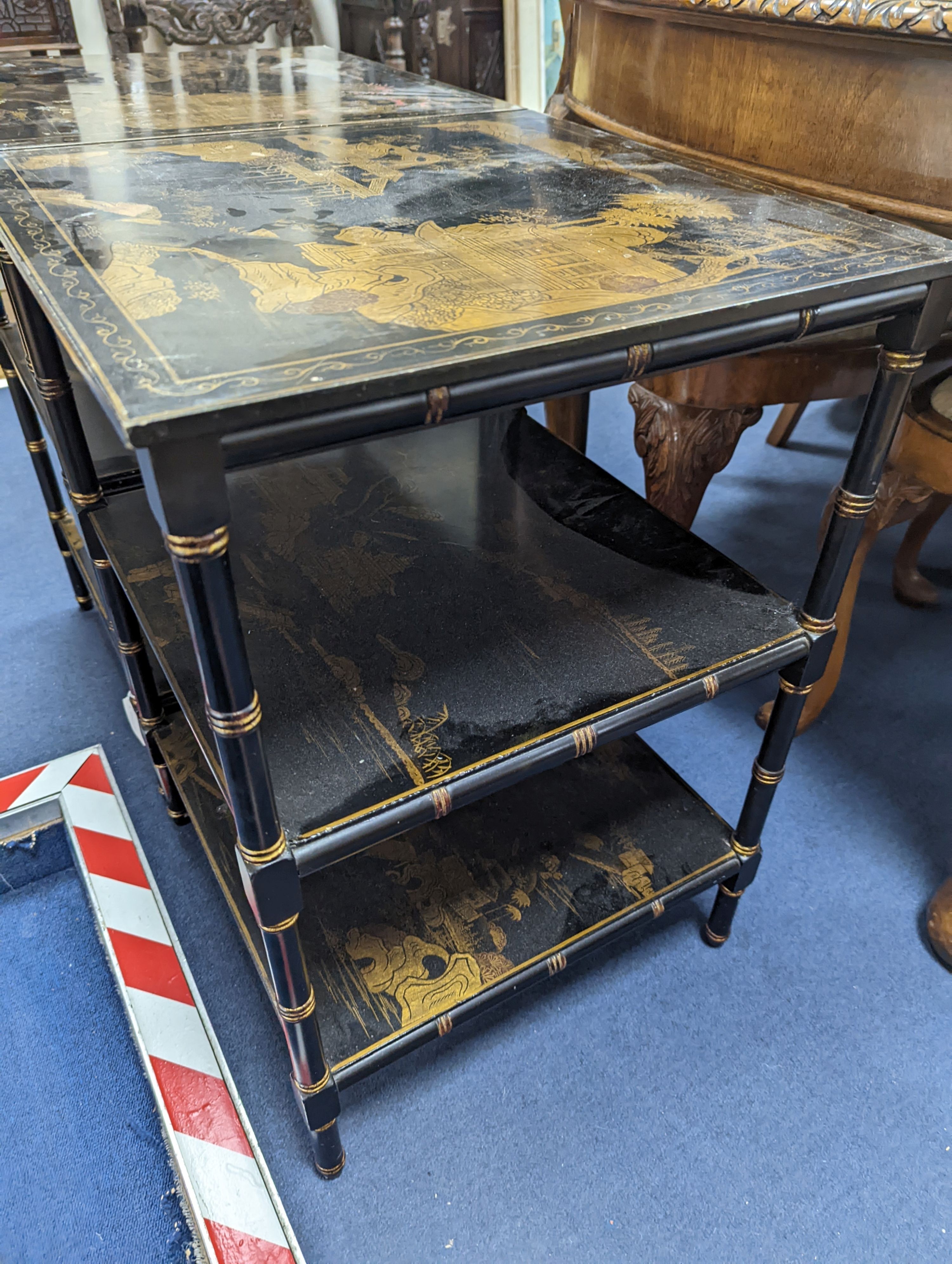 A pair of Regency style chinoiserie lacquer square three tier occasional tables, width 45cm, height 66cm